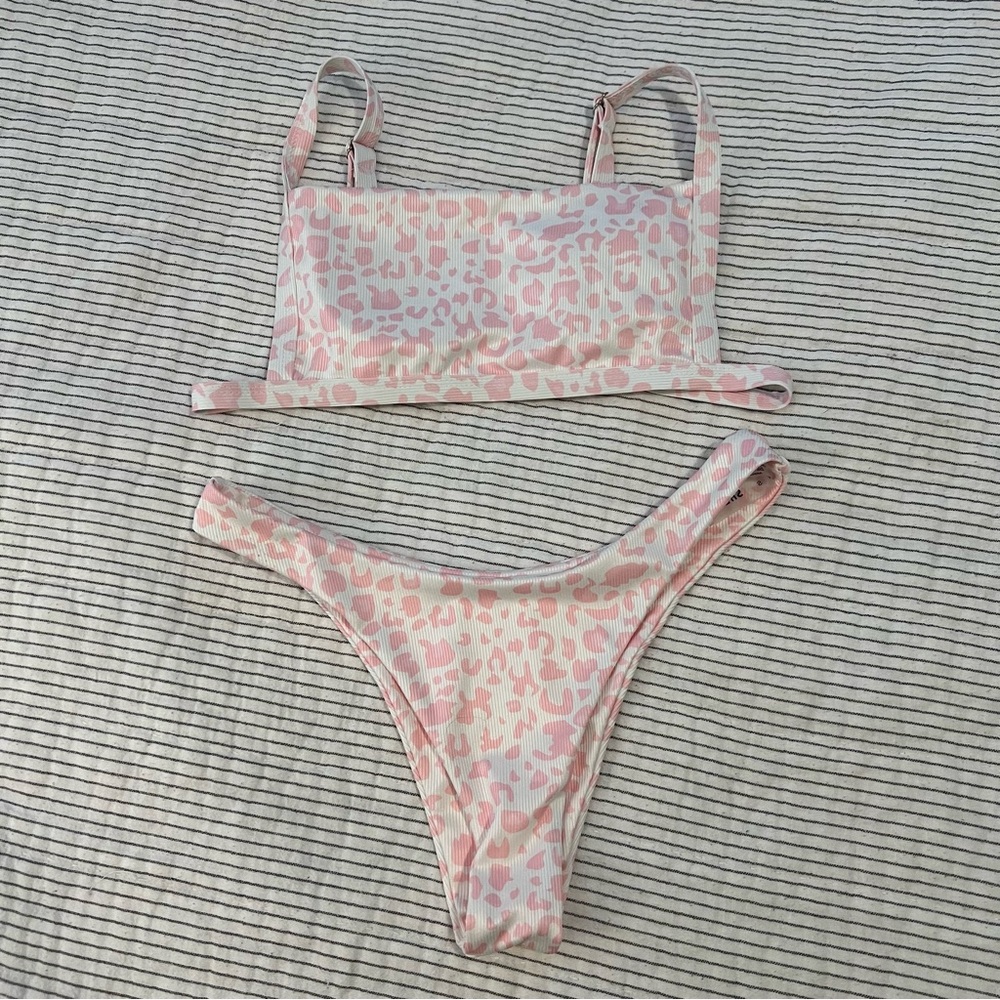 Pink and White Cow Print Ribbed SHEIN Bikini small